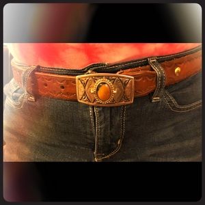 Vintage leather belt with real stone on the buckle